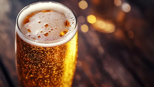 Photorealistic close-up of effervescent golden beer glass.
