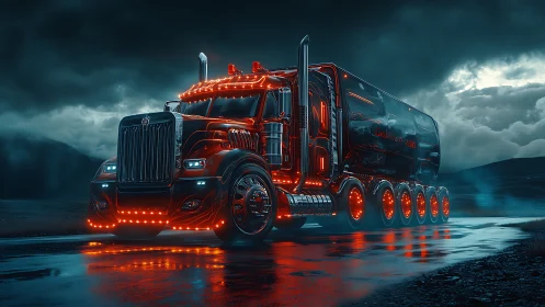 Futuristic neon semi-truck blazes across wet highway at night.