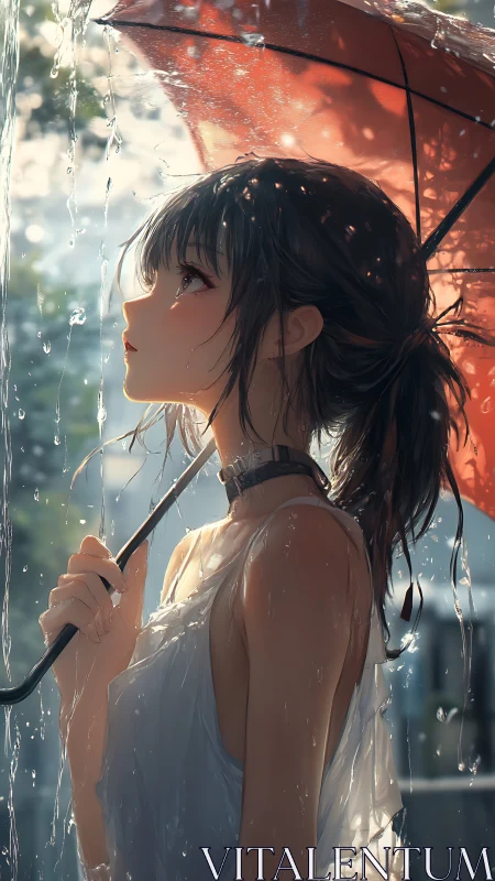 Rainlit girl under a red umbrella finding quiet wonder.