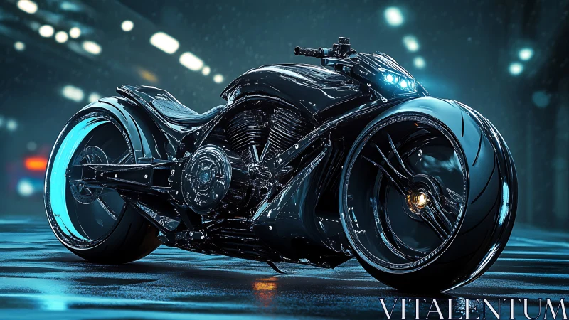 Futuristic black motorcycle with illuminated wheels at night.