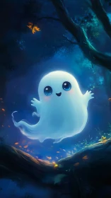 Gentle glowing ghost floats happily in a moonlit forest