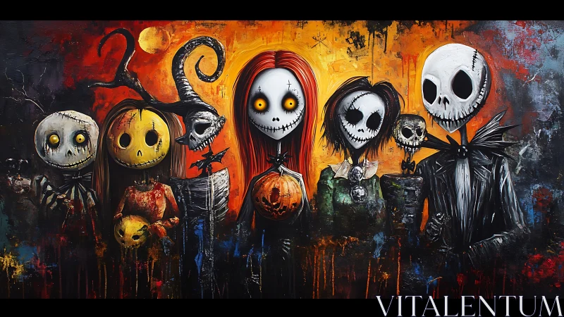 Grotesque skeleton ensemble in vivid Halloween tableau.