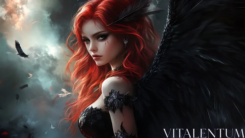 Scarlet fallen angel with obsidian wings in storm sky.