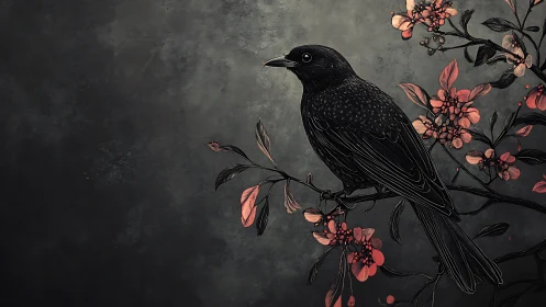 Midnight Songbird Perched Among Blossoming Coral Branches