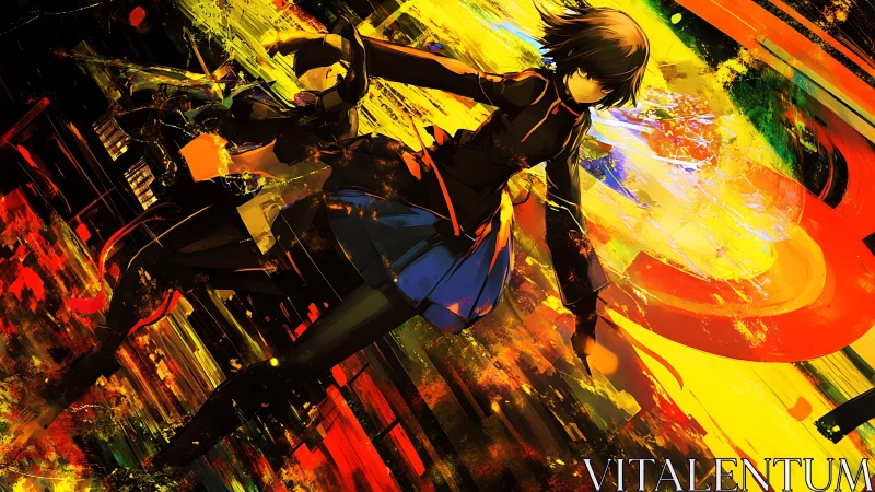 Kinetic anime combat figure amid saturated abstract vectors.