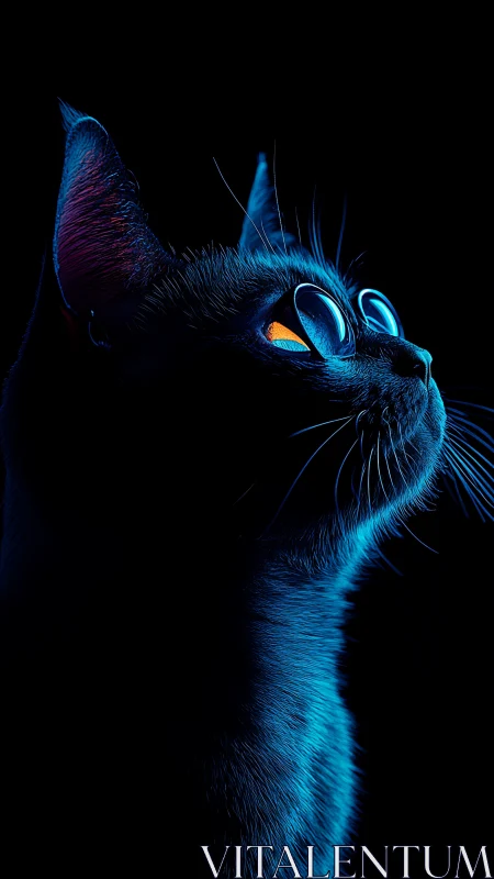 Neon Glowing Cat with Luminous Blue Eyes on Black