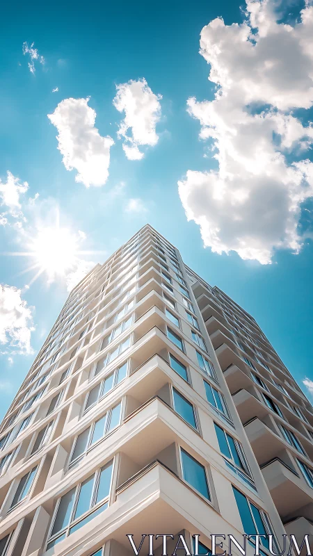 Sunlit high rise with converging verticals and cloud geometry.