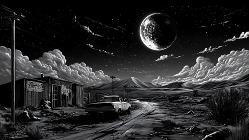 Monochrome desert highway under looming planetary night sky.