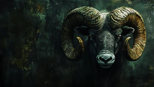 Powerful ram portrait glowing against a brooding green dusk.