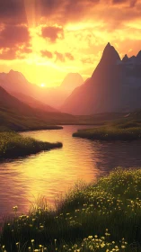 Golden river valley under dramatic sunset illumination.