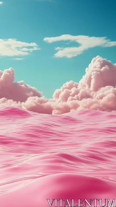 Cotton candy ocean waves beneath pastel cumulus sky.