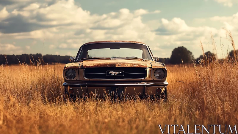 Rusting classic car parked in tall dry field at sunset.