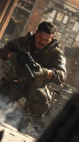 Dust and sparks orbit a battle-hardened soldier in motion