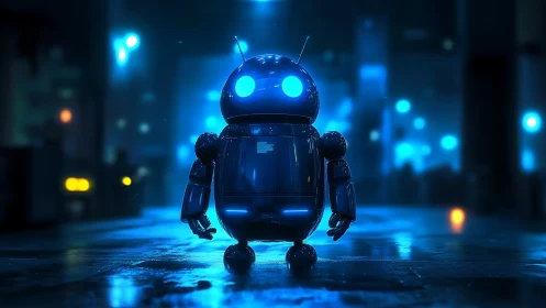 Small illuminated robot in wet urban night environment.