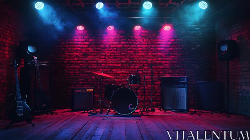 Empty brick stage hums quietly, waiting for loud guitars