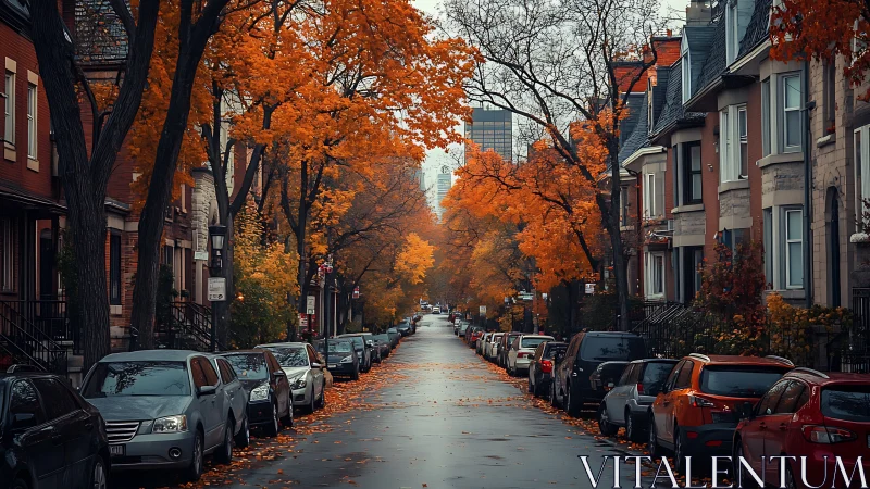 Urban autumn avenue captured with deep vanishing perspective
