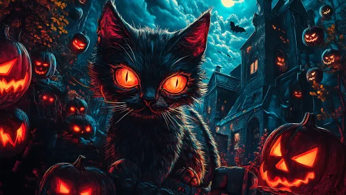 Black cat with glowing eyes among Halloween pumpkins.