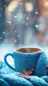 Steaming blue mug wrapped in knit in gentle winter snowfall.