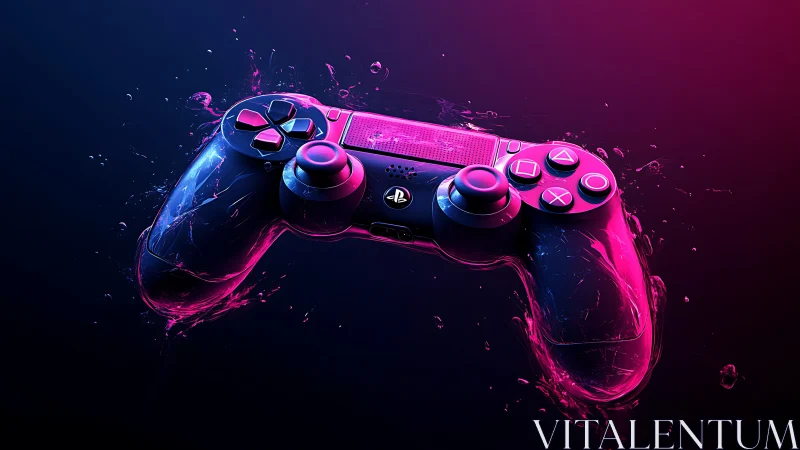 Neon-illuminated PlayStation controller rendering with dynamic liquid volumetric effects and spectra