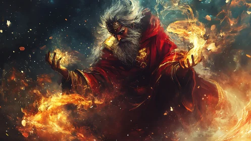 Fire-wielding elder sorcerer commands swirling inferno