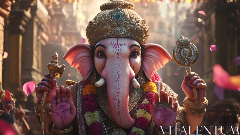Photorealistic Ganesha idol with ornate regalia and garlands.