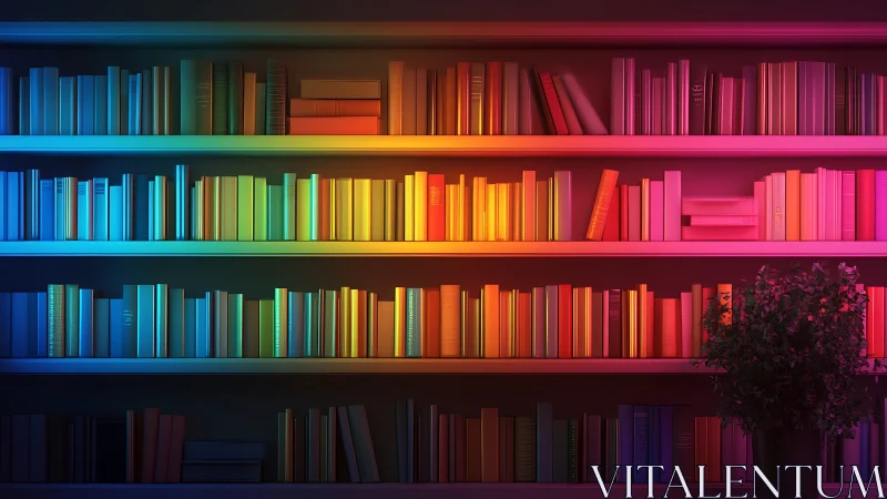Colorful book-filled shelves glowing with cozy rainbow light.