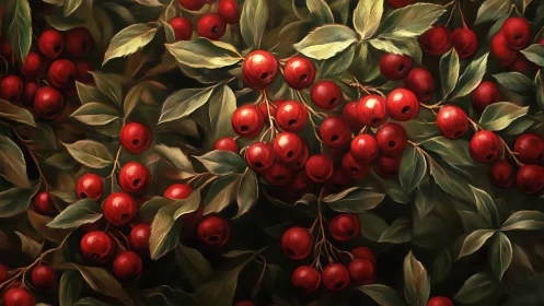 Lush red berries glow gently among deep green leaves