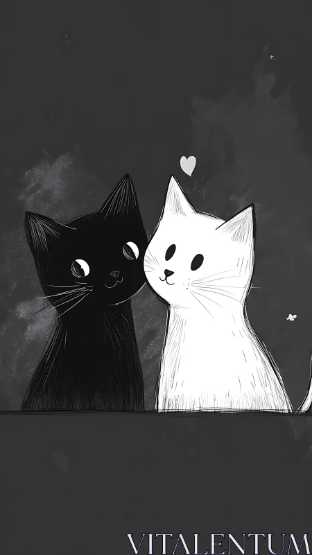 Two Cats in Love: Black and White Digital Illustration.