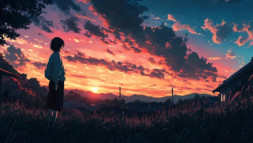 Solitary figure watching vivid rural sunset sky.