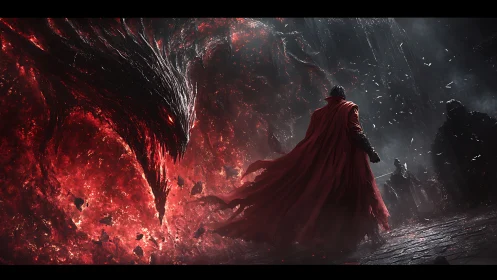 Crimson-cloaked hero faces colossal ember-born shadow beast.