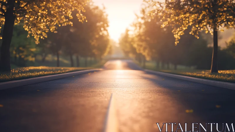 Golden-hour boulevard stretches forward like poured honey