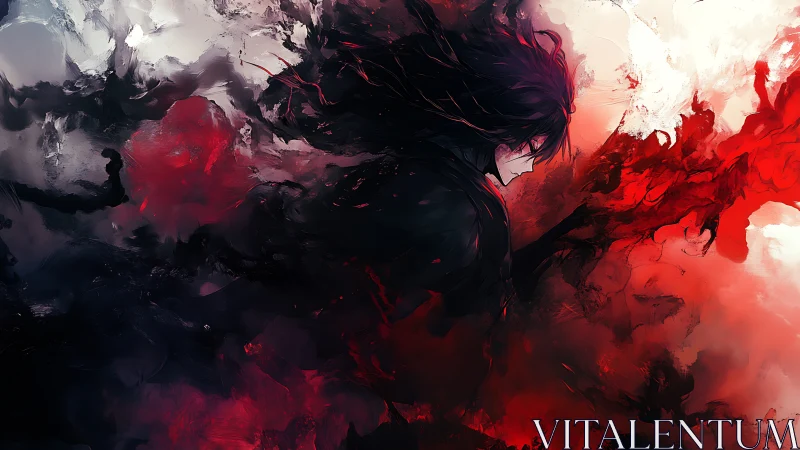 Dark-haired figure emerges amid chaotic red and black energy