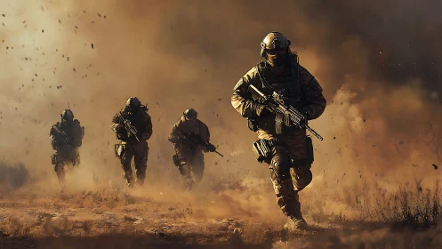 Armored infantry squad advancing through explosive desert dust