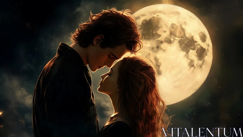 Two figures silhouetted against large moon at night.