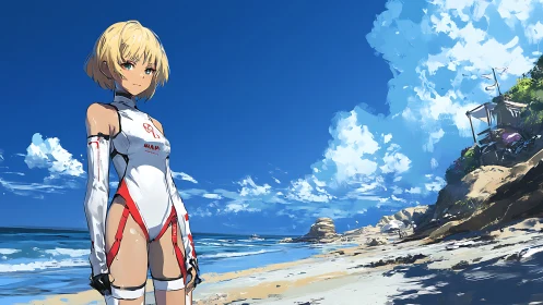 Cyborg pilot in sleek exosuit standing on sunlit ocean shore