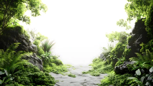 Stone pathway through lush tropical canyon with dense vegetation