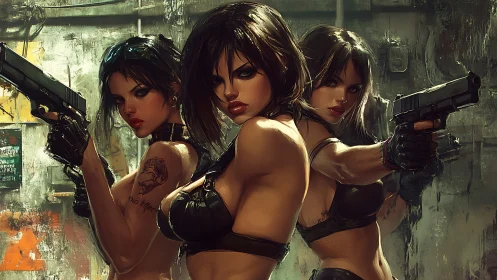 Three armed women pose in gritty, stylized urban environment