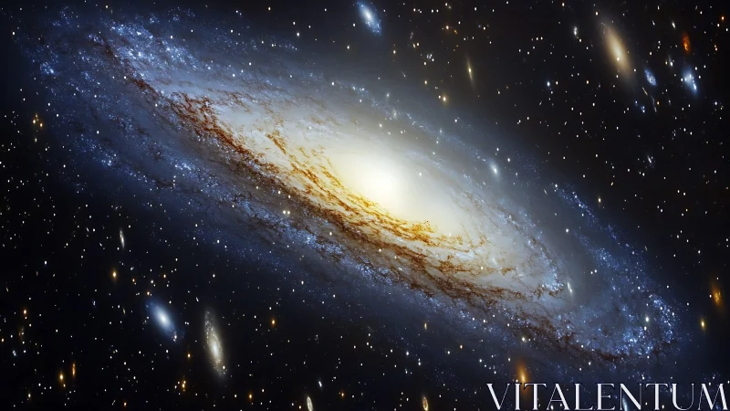 Spiral galaxy drifts through dense starfield in deep space