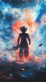 Silhouetted fighter stands amid explosive cosmic energy