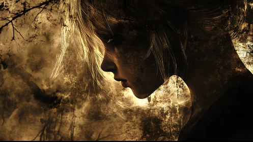 Melancholic profile in textured sepia light and shadow.