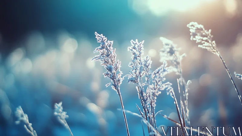 Frost covered grass stems stand in sharp focus at sunrise