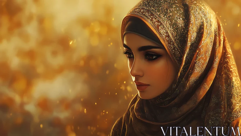 Golden portrait of veiled woman in ornate patterned hijab.