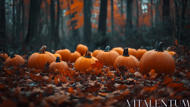 Autumn forest pumpkin gathering in a moody twilight hush.