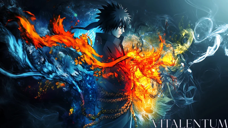 Storm of fire and ice surrounding a focused anime hero.