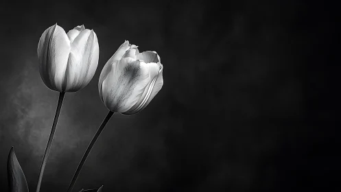 Two Tulips with Striped Petals Against Dark Background
