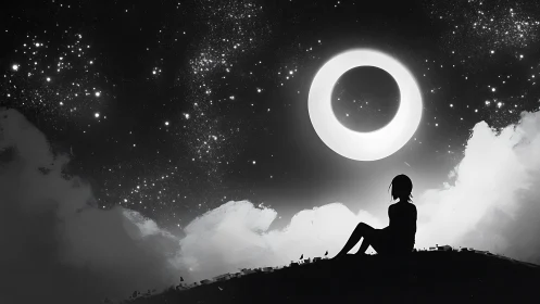 Stargazer beneath glowing ring moon in monochrome sky.