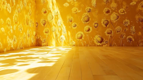 Yellow interior with floral walls and wooden floor surface.