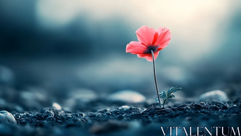 Single coral bloom whispers courage into a misty blue dawn