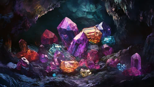 Multicolored crystalline cluster sits inside a dark rocky cave