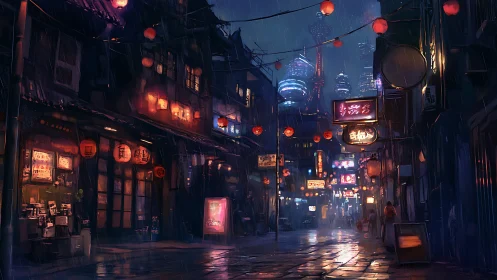 Neon lantern street glows softly against a rainy city night